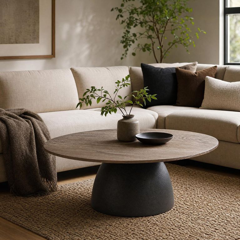 Coffee Table - Abstract - Pedestal Bases - Dark Brown and Black - Mango Wood