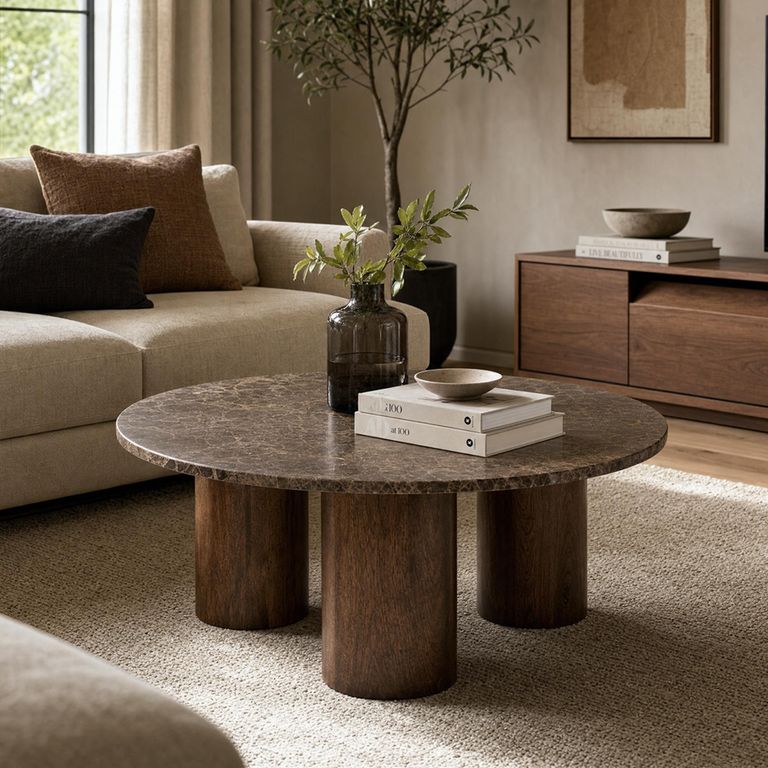 Coffee Table - Round - Chunky Cylindrical Legs - Brown - Marble and Wooden