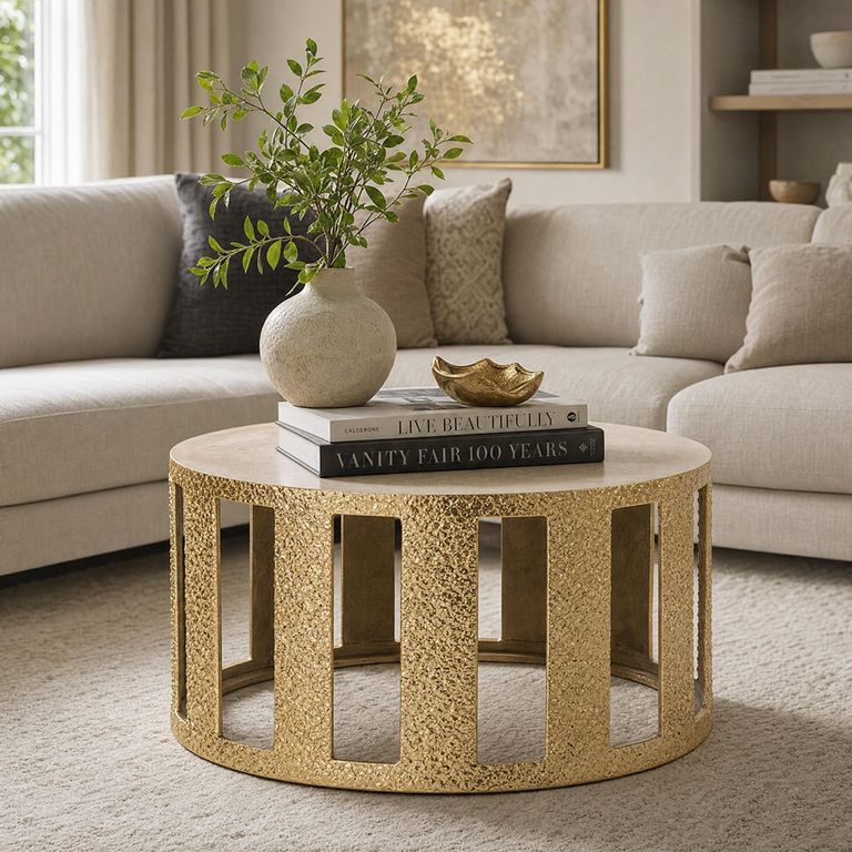 Coffee Table - Round - Slatted Base - Gold - Aluminium
