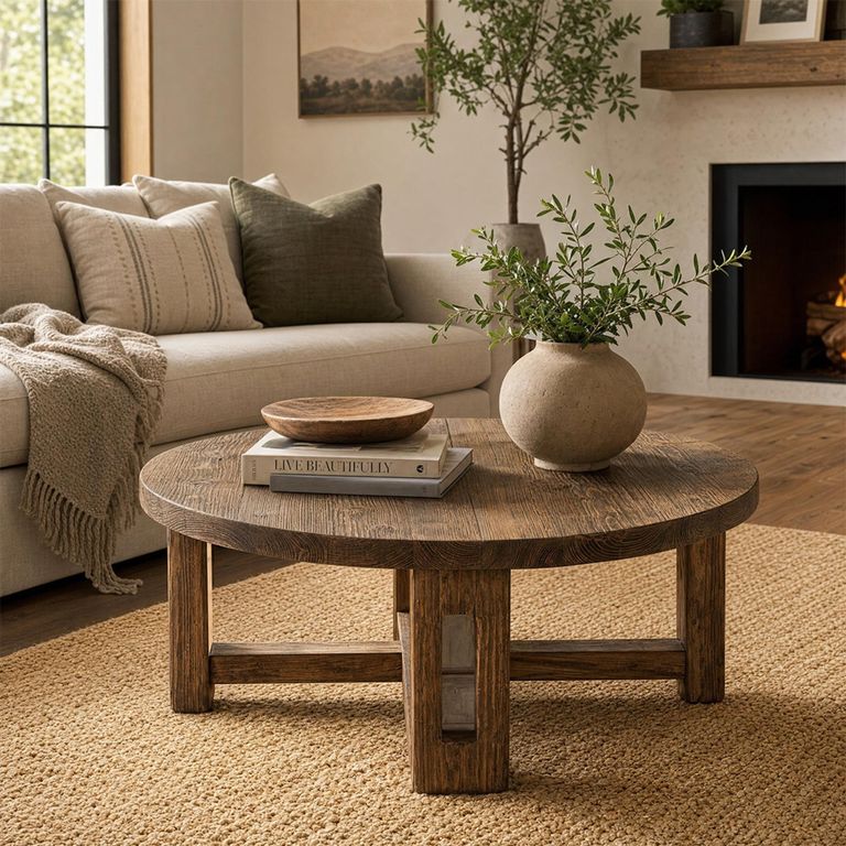 Distressed Coffee Table - Round - Open Frame Base - Brown - Recycled Wood
