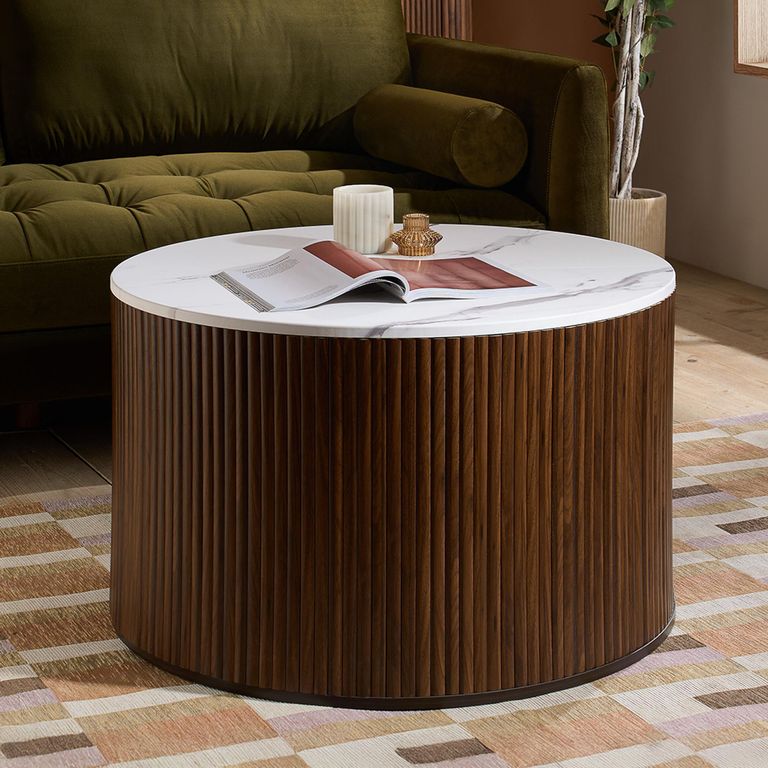 Russo Coffee Table - Fluted Base - Round - White and Walnut - Marble Top and Wooden