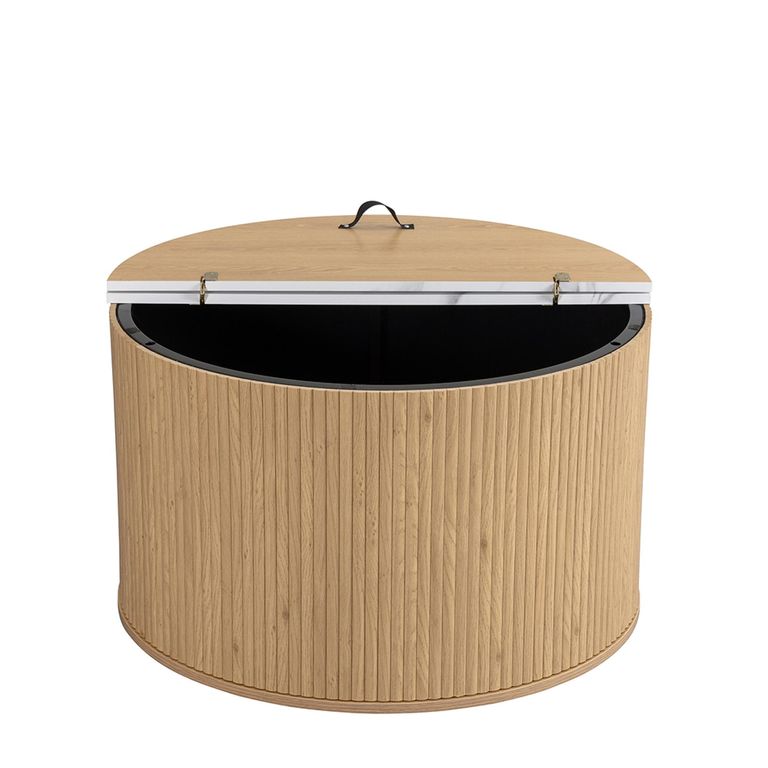 Russo Coffee Table - Fluted Base - Round - White and Natural - Marble Top and Wooden