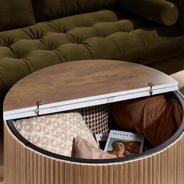 Russo Coffee Table - Fluted Base - Round - White and Natural - Marble Top and Wooden