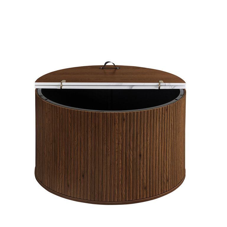 Russo Coffee Table - Fluted Base - Round - White and Walnut - Marble Top and Wooden