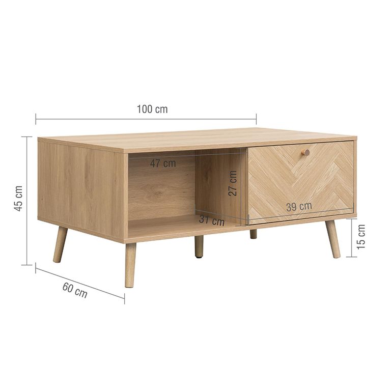 Herringford Oak Coffee Table - 1 Drawer - Chevron