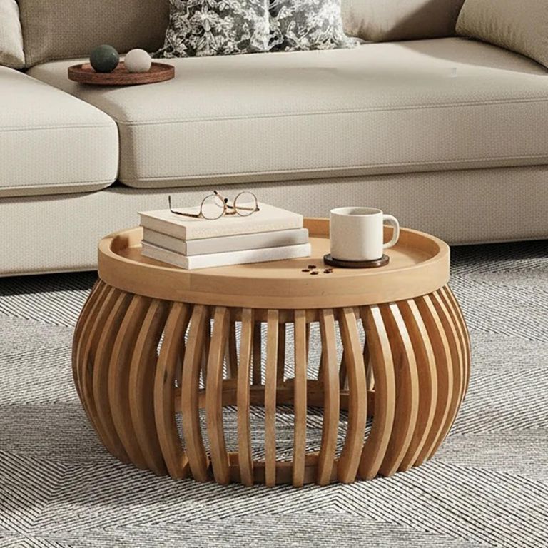 Austin Coffee Table - Round - Low - Slatted Drum Base - Natural - Mango Wood