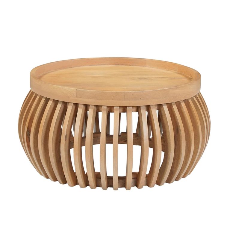 Austin Coffee Table - Round - Low - Slatted Drum Base - Natural - Mango Wood
