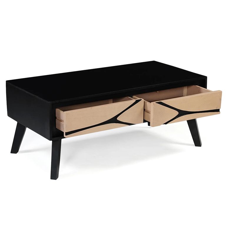 Boho Coffee Table - Low - 2 Drawer - Geometric Design - Natural and Black - Mango Wood