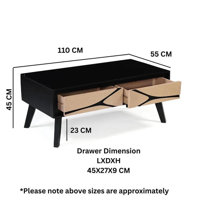 Boho Coffee Table - Low - 2 Drawer - Geometric Design - Natural and Black - Mango Wood