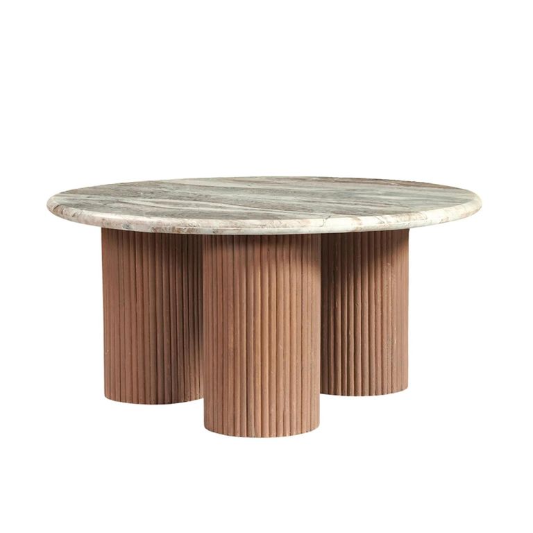 Ashford Coffee Table - Round - Fluted - Pale Taupe - Marble Top and Mango Wood