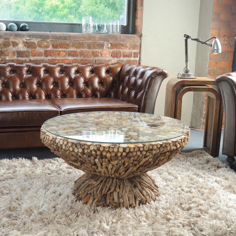 Driftwood Glass Top Round Coffee Table