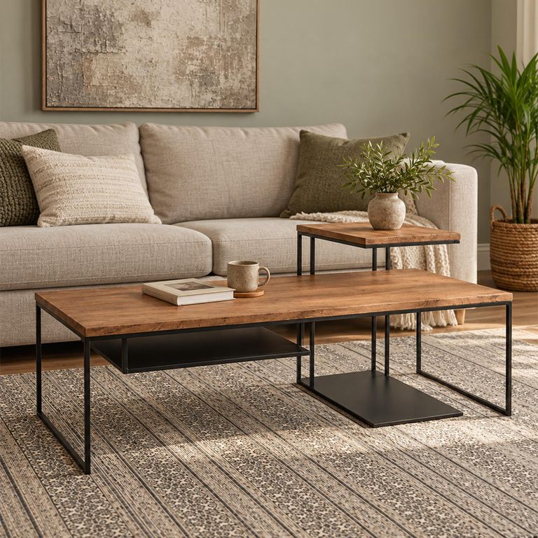 Bastia Slim Teak Wood Coffee Table With Lamp Table