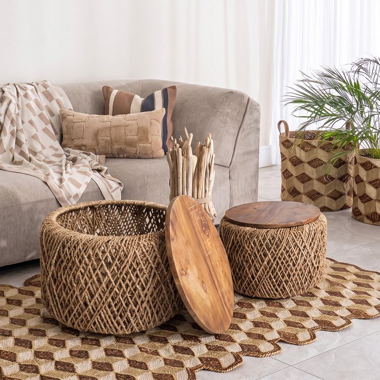 Set of 2 Natural Mindi Wood Coffee Tables Round Weaved Base