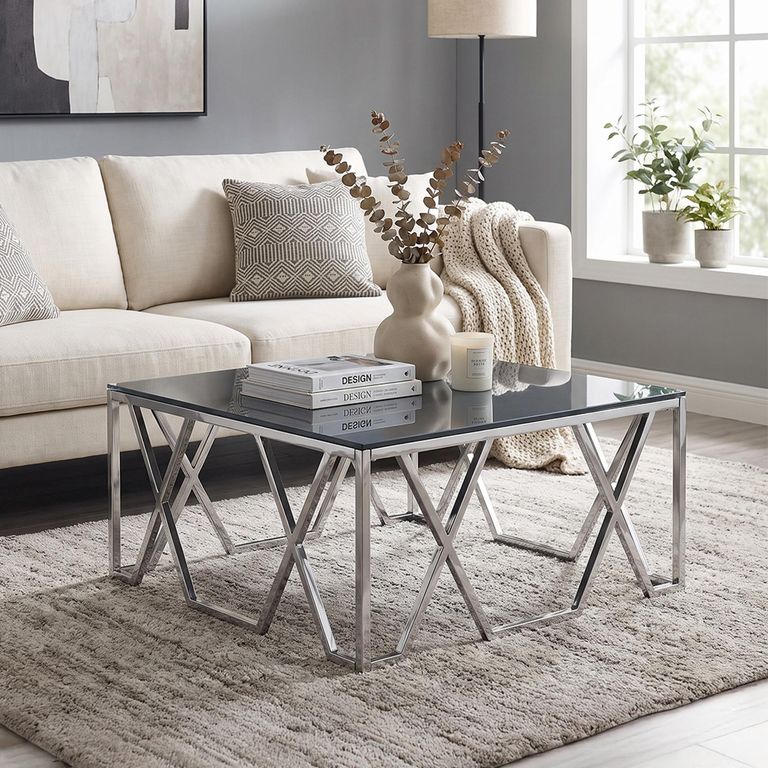 Clearance - Coffee Table - Square - Black Glass and Chrome - FSS17563