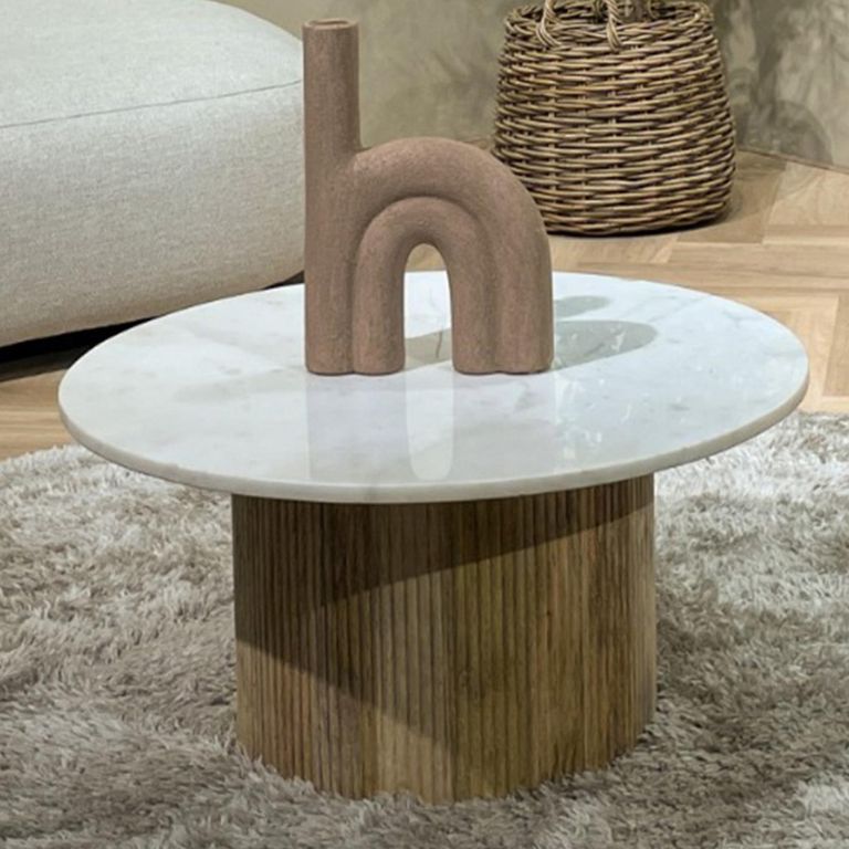 Brix Nova Coffee Table - Round - Fluted Base - White - Marble and Mango Wood