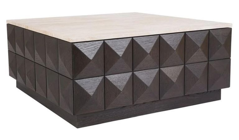 Claremont Dark Wood Square Geometric Coffee Table with Travertine Top