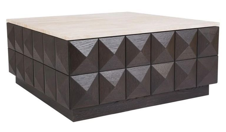 Claremont Dark Wood Square Geometric Coffee Table with Travertine Top