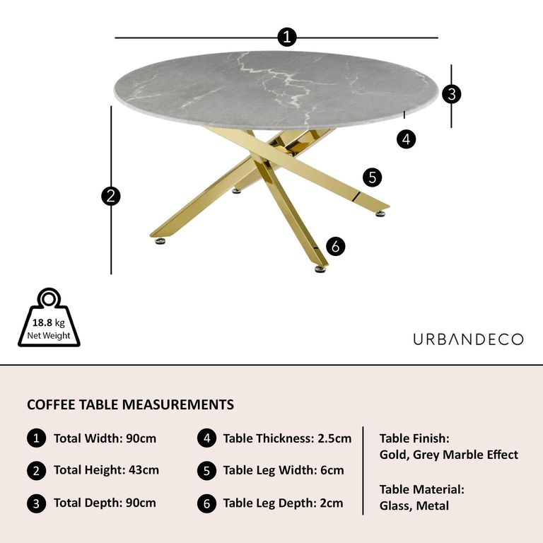 Clearance - Chopstick Coffee Table - Round - Grey Glass - Gold Metal Legs