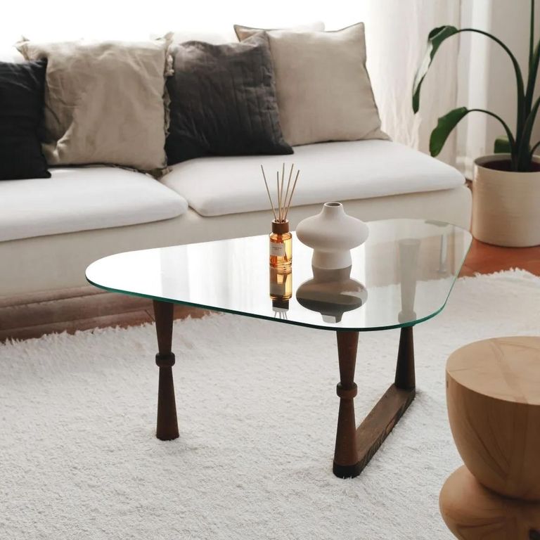 Clearance - Dunley Coffee Table Walnut and Glass Triangle