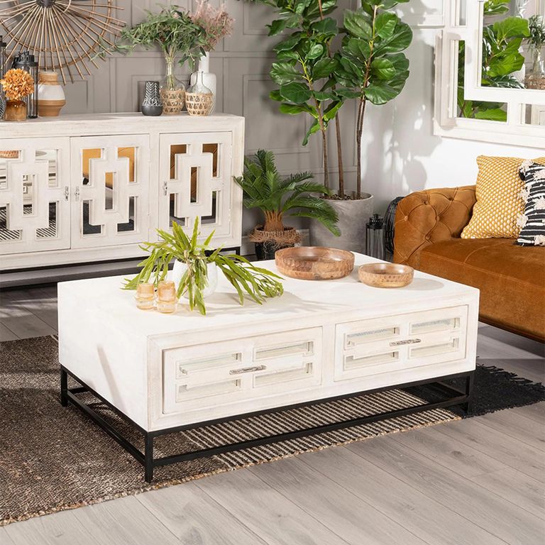 Clearance - Geo 2 Drawer Rectangle Coffee Table White Mirrored Mango Wood Distressed White Wash