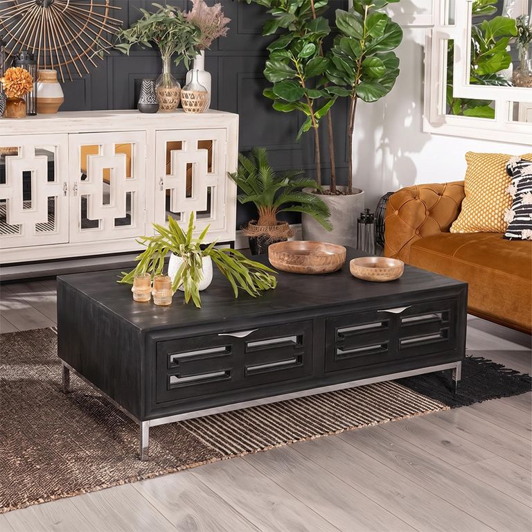 Clearance - Geo Black Painted Mirrored Mango Wood 2 Drawer Storage Coffee Table with Chrome Base