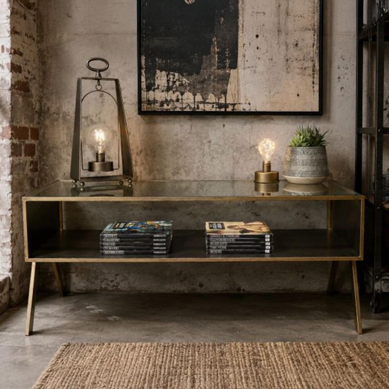 Antique Gold Glass and Metal Coffee Table