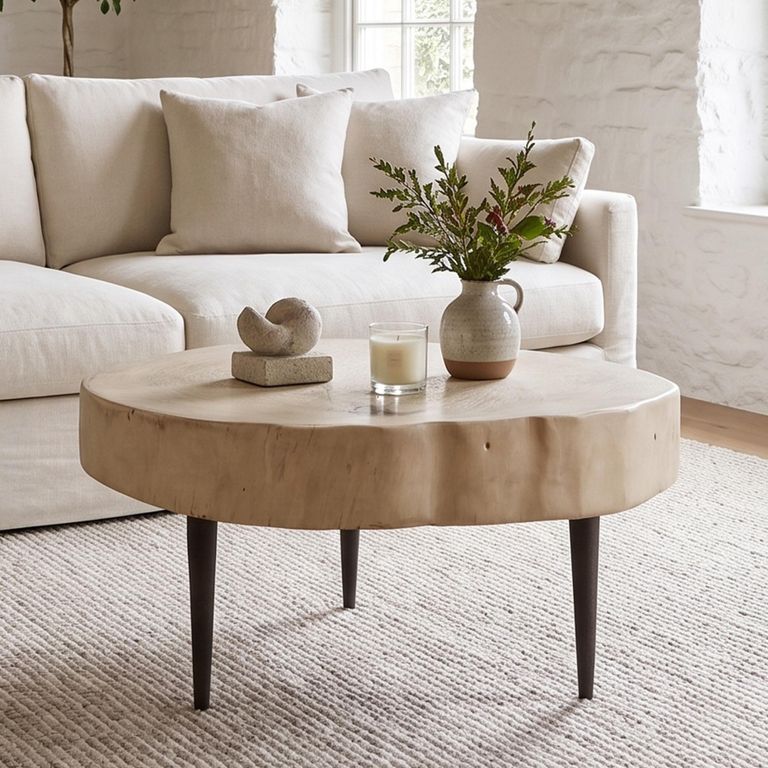 Tree Stump Coffee Table - Live Edge - Tapered Leg - Rustic Natural - Elm Wood