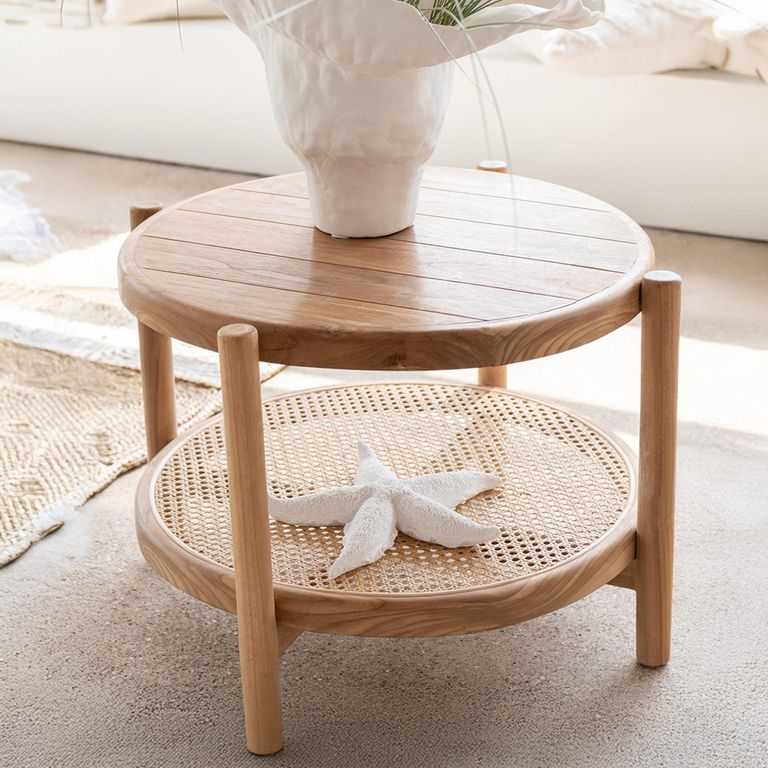 Coffee Table - Round - Small - Low - Natural - Rattan and Teak Wood