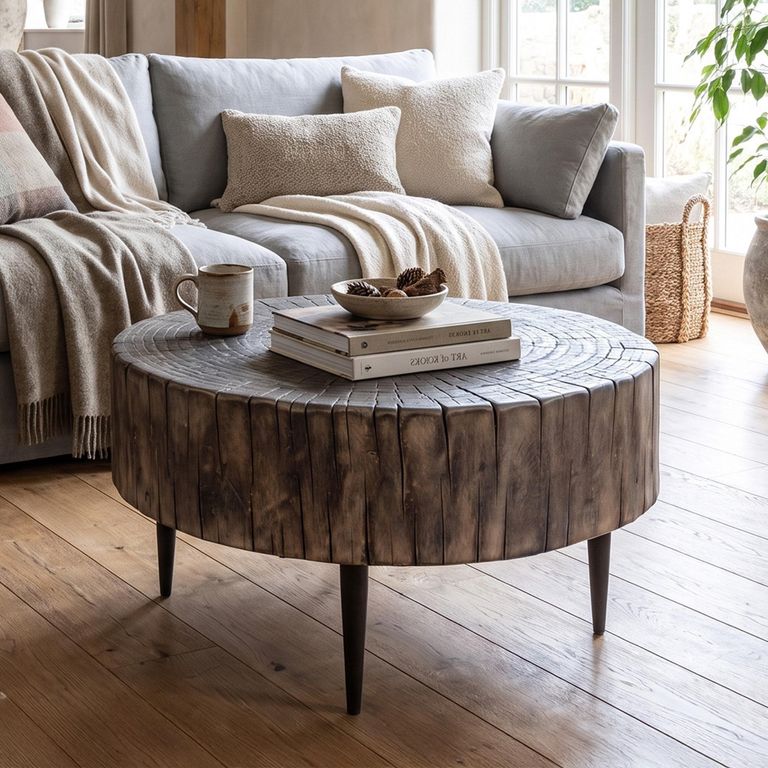 Tree Stump Coffee Table - Round - Tapered Leg - Rustic Brown - Wood