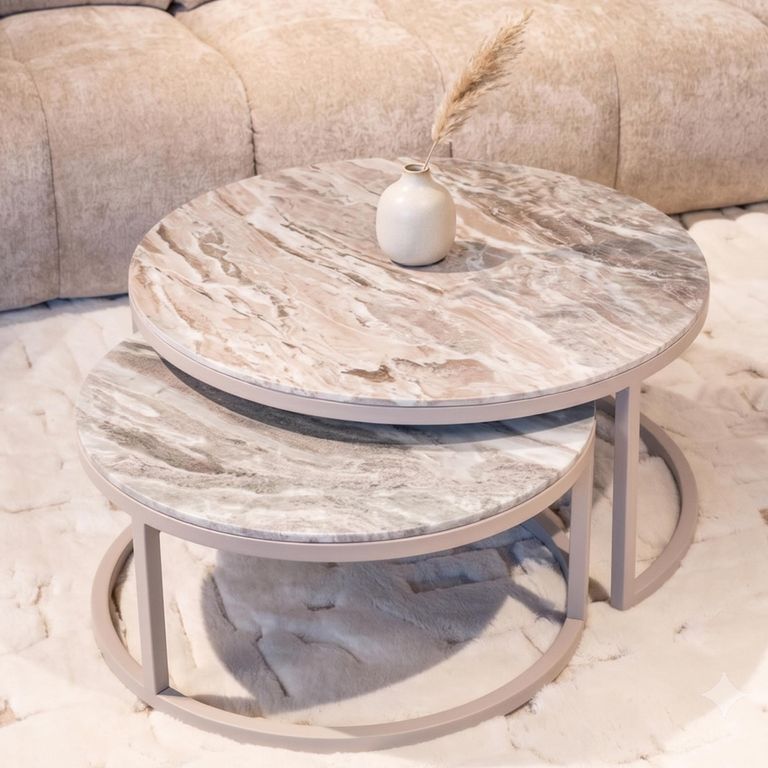 Fairfax Coffee Table - Round - 2 Tier - Clay - Marble and Metal