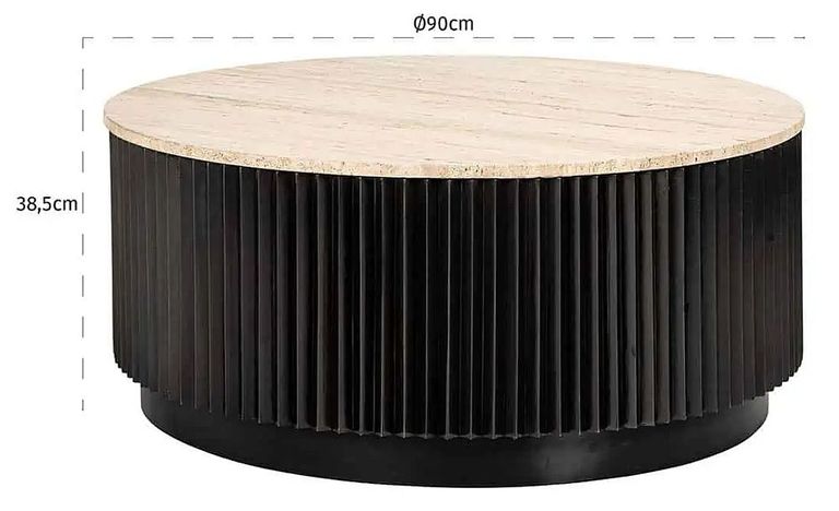 Hampton Travertine Beige Top Round Coffee Table with Black Fluted Base