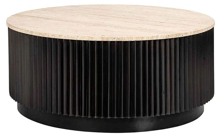 Hampton Travertine Beige Top Round Coffee Table with Black Fluted Base