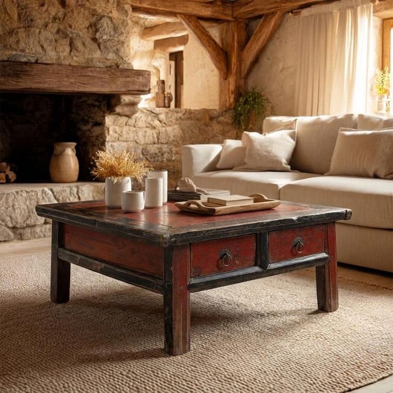 Hand Painted Coffee Table - 2 Drawer - Distressed Red and Black - Solid Wood