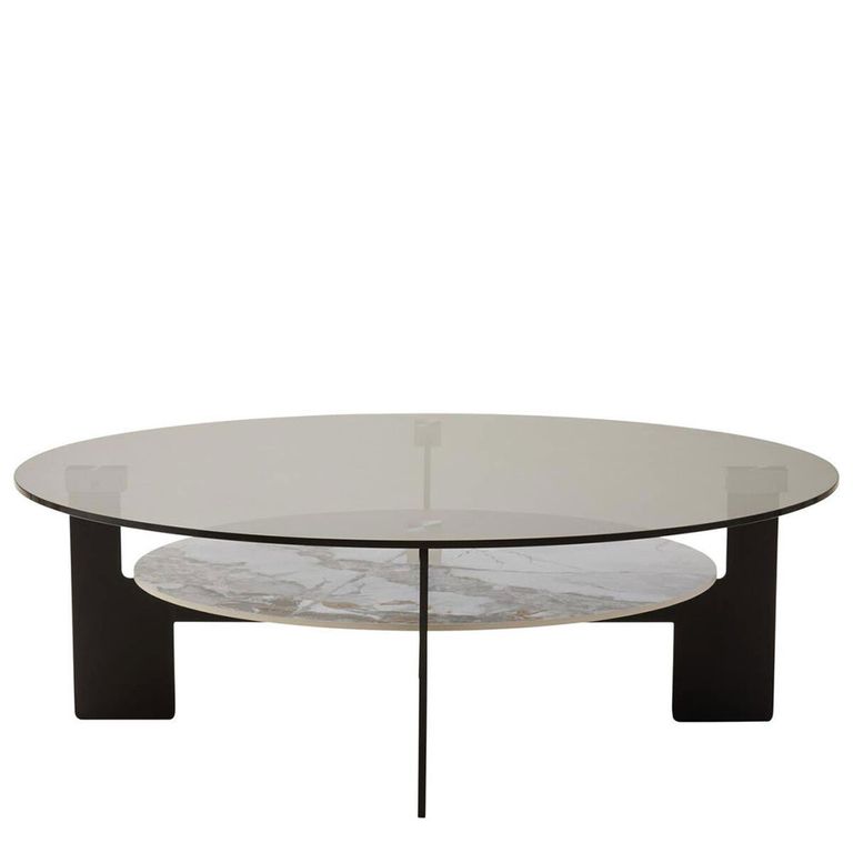 Imperia Coffee Table - Grey Glass - Round - Large - with Shelf