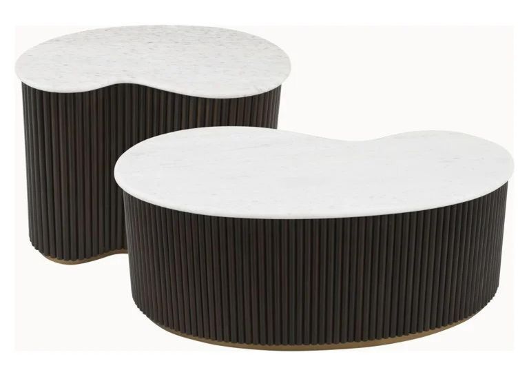 Mayfield White Marble Top 2 Tier Coffee Tables - Dark Wood Fluted Base