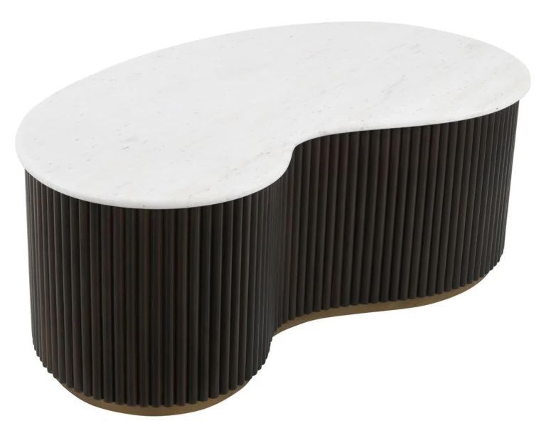 Mayfield White Marble Top 2 Tier Coffee Tables - Dark Wood Fluted Base