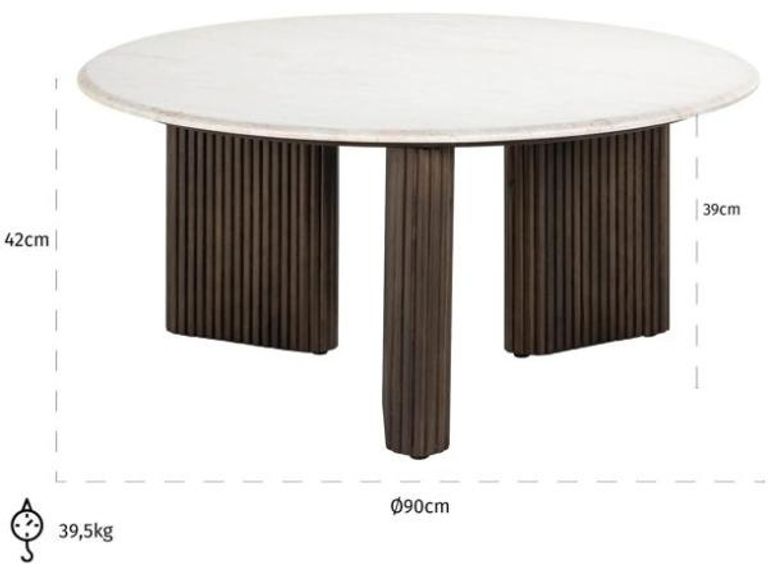 Mayfield White Marble Top Round Coffee Table - Dark Wood Fluted Base