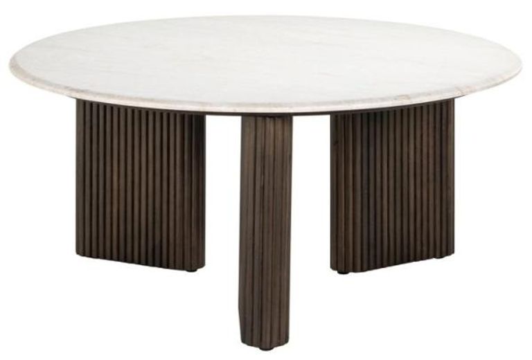 Mayfield White Marble Top Round Coffee Table - Dark Wood Fluted Base
