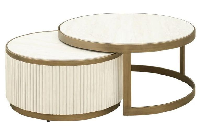 Tivoli White Ribbed Set of 2 Tier Coffee Tables with Gold Trim
