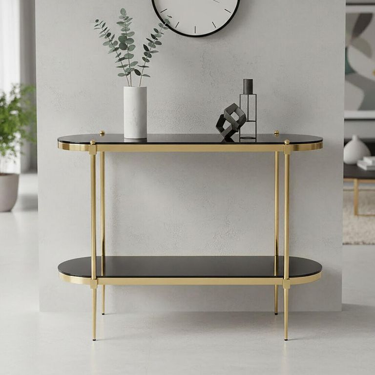 Arezzo Console Table - Oval - Black Glass and Gold Metal - with Shelf