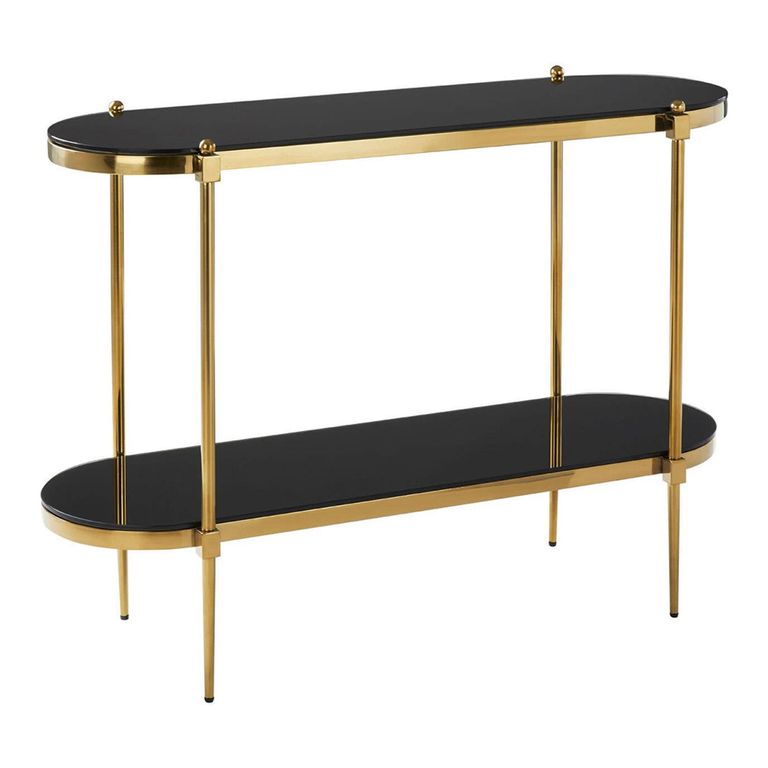 Arezzo Console Table - Oval - Black Glass and Gold Metal - with Shelf