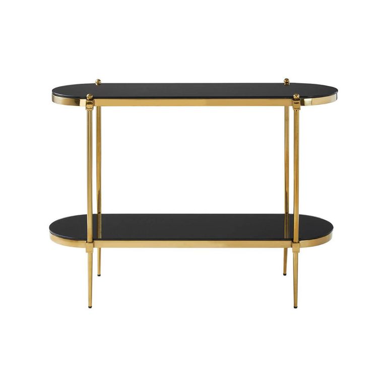 Arezzo Console Table - Oval - Black Glass and Gold Metal - with Shelf