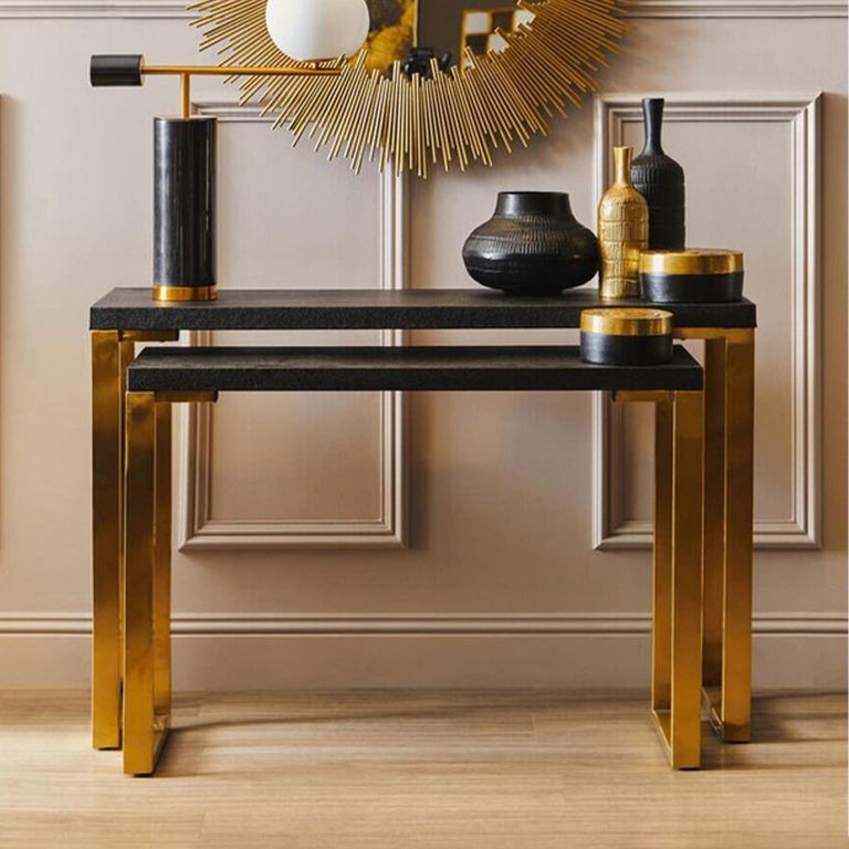 Cardoba Console Tables - Set of 2 - Black Faux Shagreen with Gold Legs