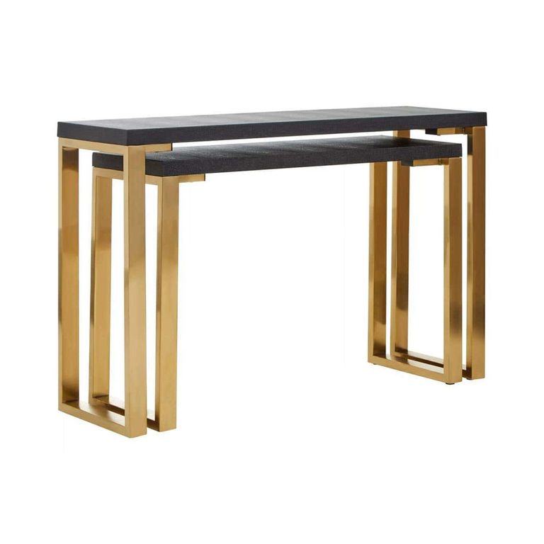 Cardoba Console Tables - Set of 2 - Black Faux Shagreen with Gold Legs