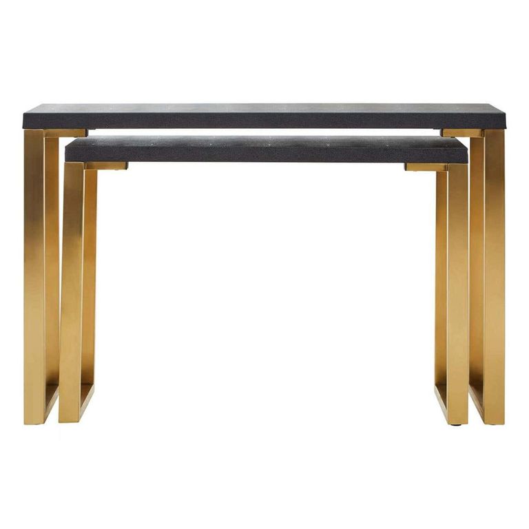 Cardoba Console Tables - Set of 2 - Black Faux Shagreen with Gold Legs