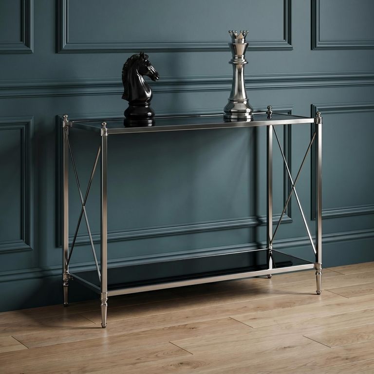Hoffmann Console Table - Black Glass with Silver Metal
