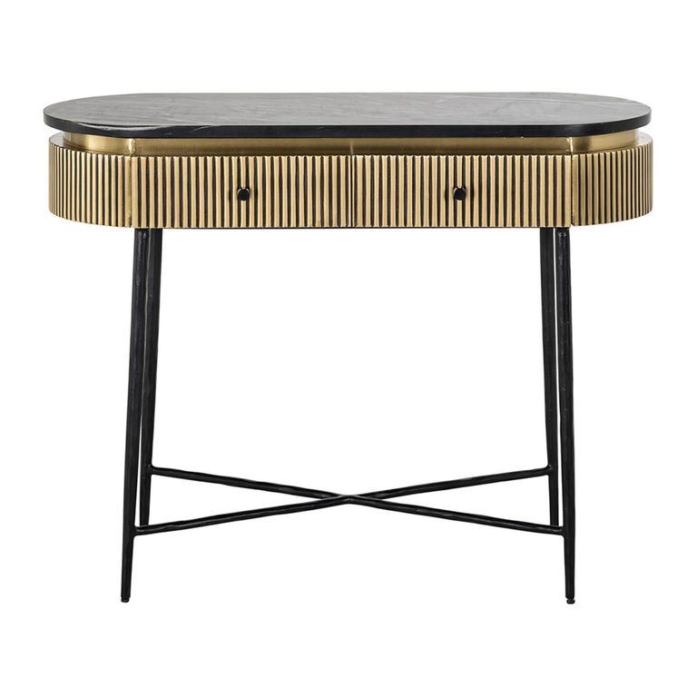 Ironville Brass Ribbed 2 Drawer Curved Console Table
