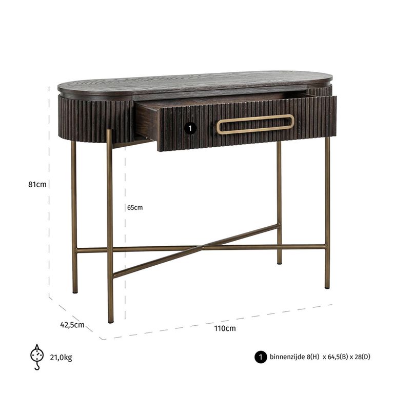 Luxor Brushed Brass Ribbed 1 Drawer Curved Console Table