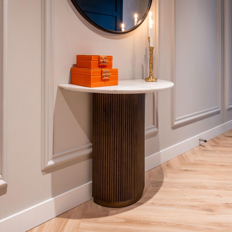 Mayfield White Marble Top Half Moon Console Table - Dark Wood Fluted Base