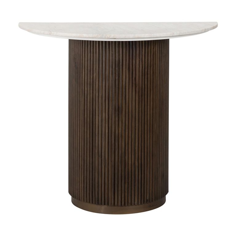 Mayfield White Marble Top Half Moon Console Table - Dark Wood Fluted Base